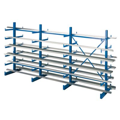 K 1000 Kragarmregal-Set, doppelseitig, 2000 x 3750 x 2x500, RAL 5010 enzianblau, Tragkraft je arm: 200 kg, Tragkraft gesamt einschließlich Fußebene: 4.800 kg