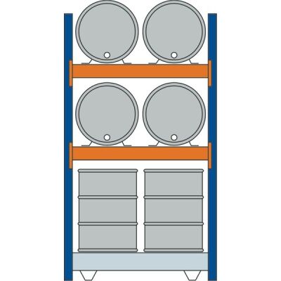 GR, Fassregal, 2500 x 1350 x 800 mm, blau/verzinkt/RAL 2004, 2 Ebenen für je 2 Fässer 200 l liegend, 1 Bodenwanne 1330 x 1100 mm, Fassungsvermögen 286 l, mit Gitterrost für 4 Fässer 200 l stehend