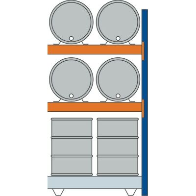 AR, Fassregal, 2500 x 1350 x 800 mm, blau/verzinkt/RAL 2004, 2 Ebenen für je 2 Fässer 200 l liegend, 1 Bodenwanne 1330 x 1100 mm, Fassungsvermögen 286 l, mit Gitterrost für 4 Fässer 200 l stehend