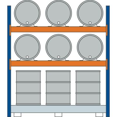 GR, Fassregal, 2500 x 2225 x 800 mm, blau/verzinkt/RAL 2004, 2 Ebenen für je 3 Fässer 200 l liegend, 1 Bodenwanne 2205 x 1100 mm, Fassungsvermögen 396 l, mit Gitterrost für 6 Fässer 200 l stehend