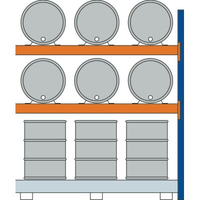 AR, Fassregal, 2500 x 2225 x 800 mm, blau/verzinkt/RAL 2004, 2 Ebenen für je 3 Fässer 200 l liegend, 1 Bodenwanne 2205 x 1100 mm, Fassungsvermögen 396 l, mit Gitterrost für 6 Fässer 200 l stehend