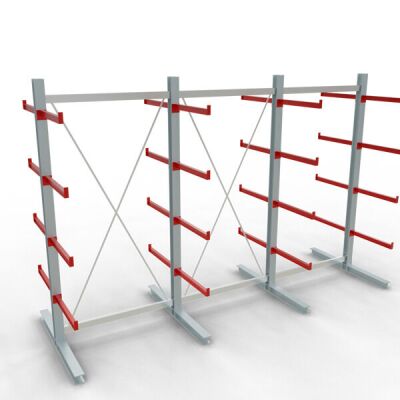 K 6000 Komplettregal, doppelseitig, 3000 x 4500 x 2x 750 mm, RAL 7001 / RAL 3000, 5 Lagerebenen