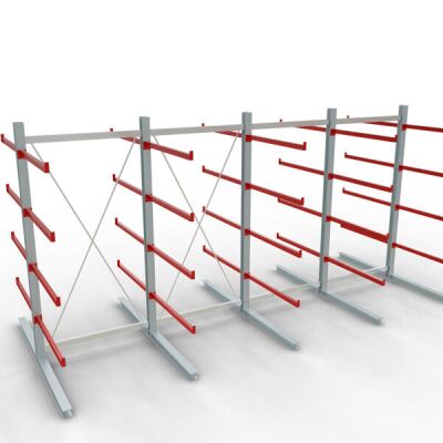 K 6000 Komplettregal, doppelseitig, 3000 x 6000 x 2x 1250 mm, RAL 7001 / RAL 3000, 5 Lagerebenen