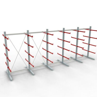 K 6000 Komplettregal, doppelseitig, 3000 x 2x 7500 x 2x 750 mm, RAL 7001 / RAL 3000, 5 Lagerebenen