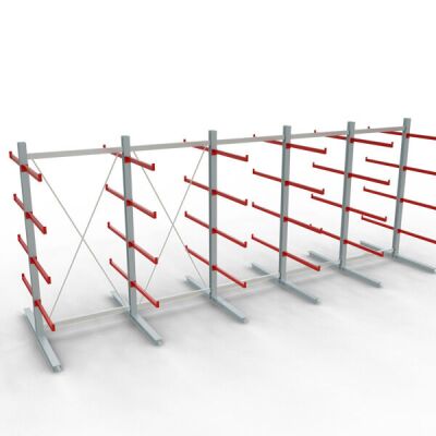 K 6000 Komplettregal, doppelseitig, 3000 x 2x 7500 x 2x 1000 mm, RAL 7001 / RAL 3000, 5 Lagerebenen