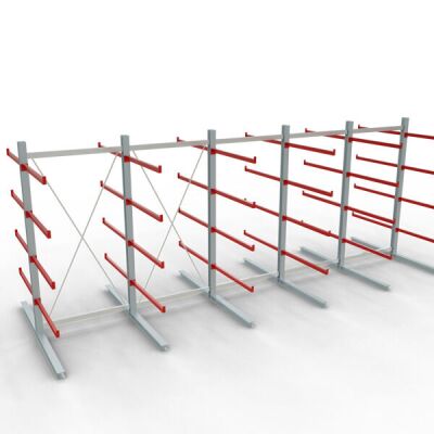 K 6000 Komplettregal, doppelseitig, 3000 x 2x 7500 x 2x 1250 mm, RAL 7001 / RAL 3000, 5 Lagerebenen